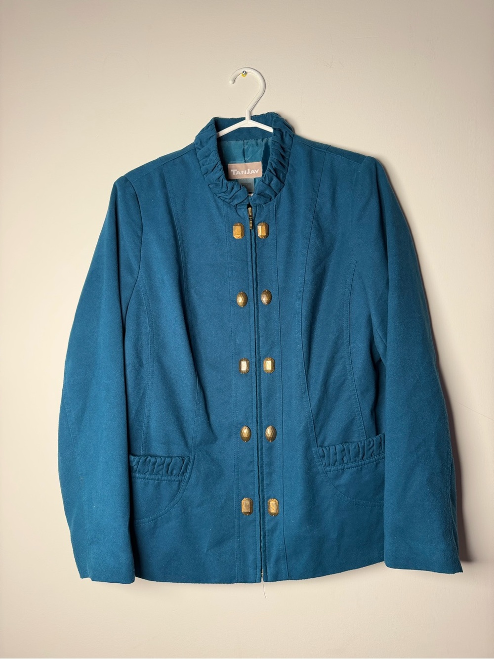 TanJay Teal Ruffled Neck Jacket Blazer with Gold Buttons Women’s 12